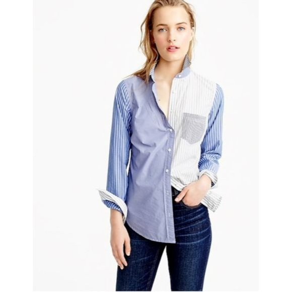 J.CREW Tops - J CREW Blue White Mixed Stripe Cotton Poplin Button Up Oxford Shirt Top, Size 4